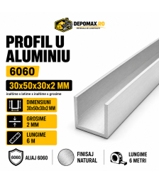 Profil U aluminiu 30 x 50 x 30 x 2 mm, 6 metri